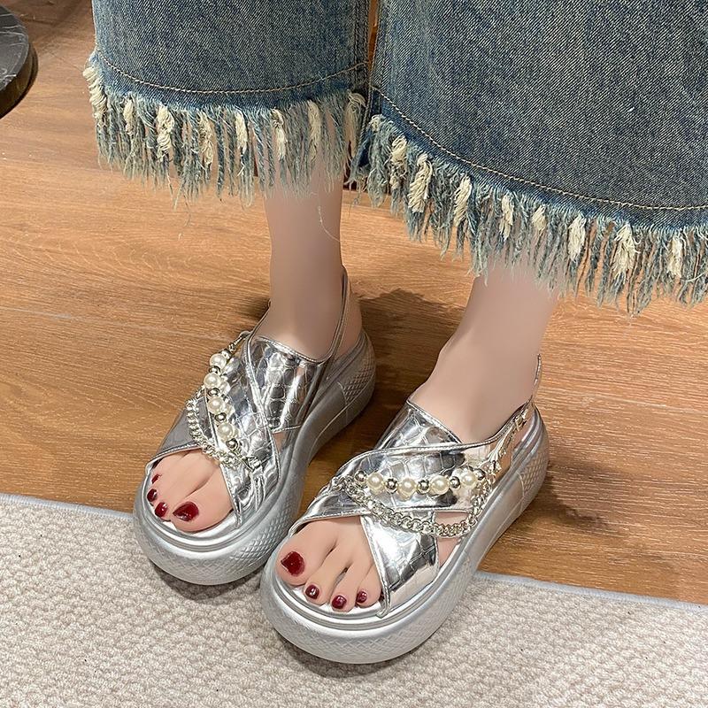 Fashion 7.5cm Women's String Bead Chunky Sandals New Summer Thick Bottom Wedges Beach Slippers Woman Fashion High Platform Sandals Mujer