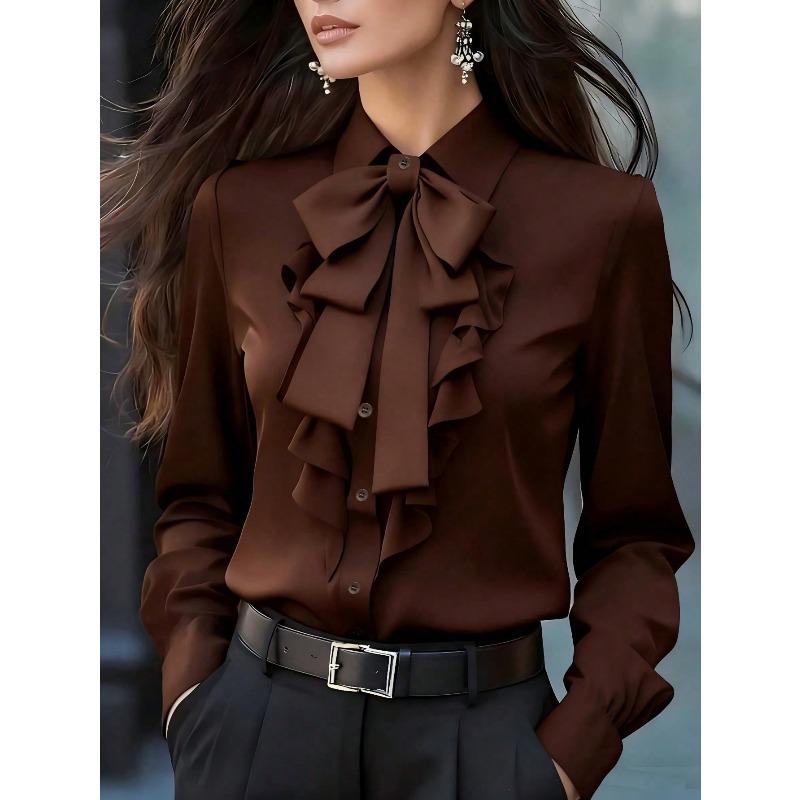 TIFICY Women's Fashion Casual Spring Autumn Solid Color Print Long Sleeve POLO Neck Blouses & Shirts