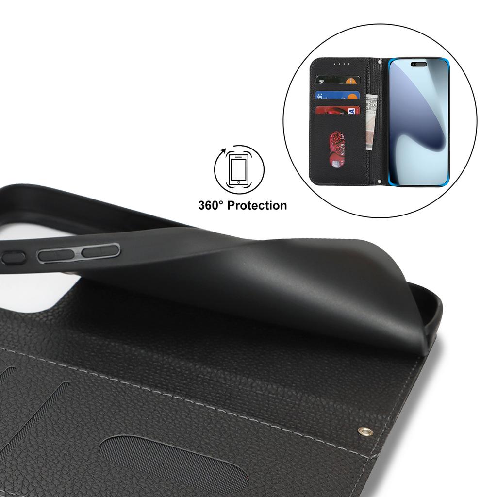Für iPhone 17 Pro Max Hülle Ständer Geldbörse Litschi-Textur Leder Klapphandyhülle mit Riemen