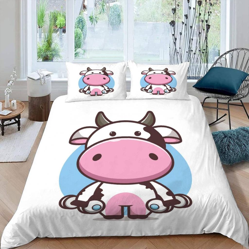 Cute Cows Duvet Cover Set Kawaii Farm Animal Bedding Set Microfiber Floral Comforter Cover Twin King For Kids Boys Girls Decor