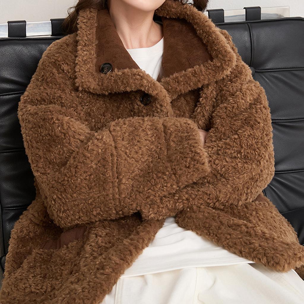 Women's Faux Suede Button Jacket Oversized Gathered Hem Short Length Coat Casual Vintage Outerwear With Pockets