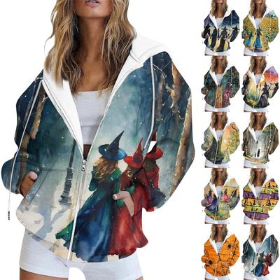 Kadın Günlük Cadılar Bayramı Baskılı Uzun Kollu Sweatshirt Cep Ceket Fermuarlı Kapşonlu Mont