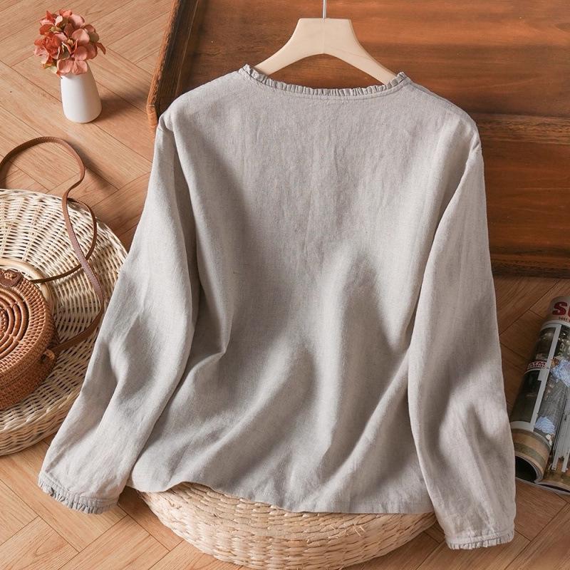 Autumn 2025 Cotton Linen Ruffle Trim Retro Long Sleeve Blouse
