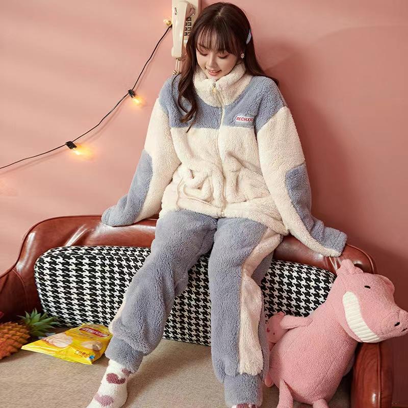 Pluss-fløyels pysjamassett Dame Varme Vinter Pysjamassett 2-delers sett Tykk natttøy Langermet Pijamas Natttøy Dame