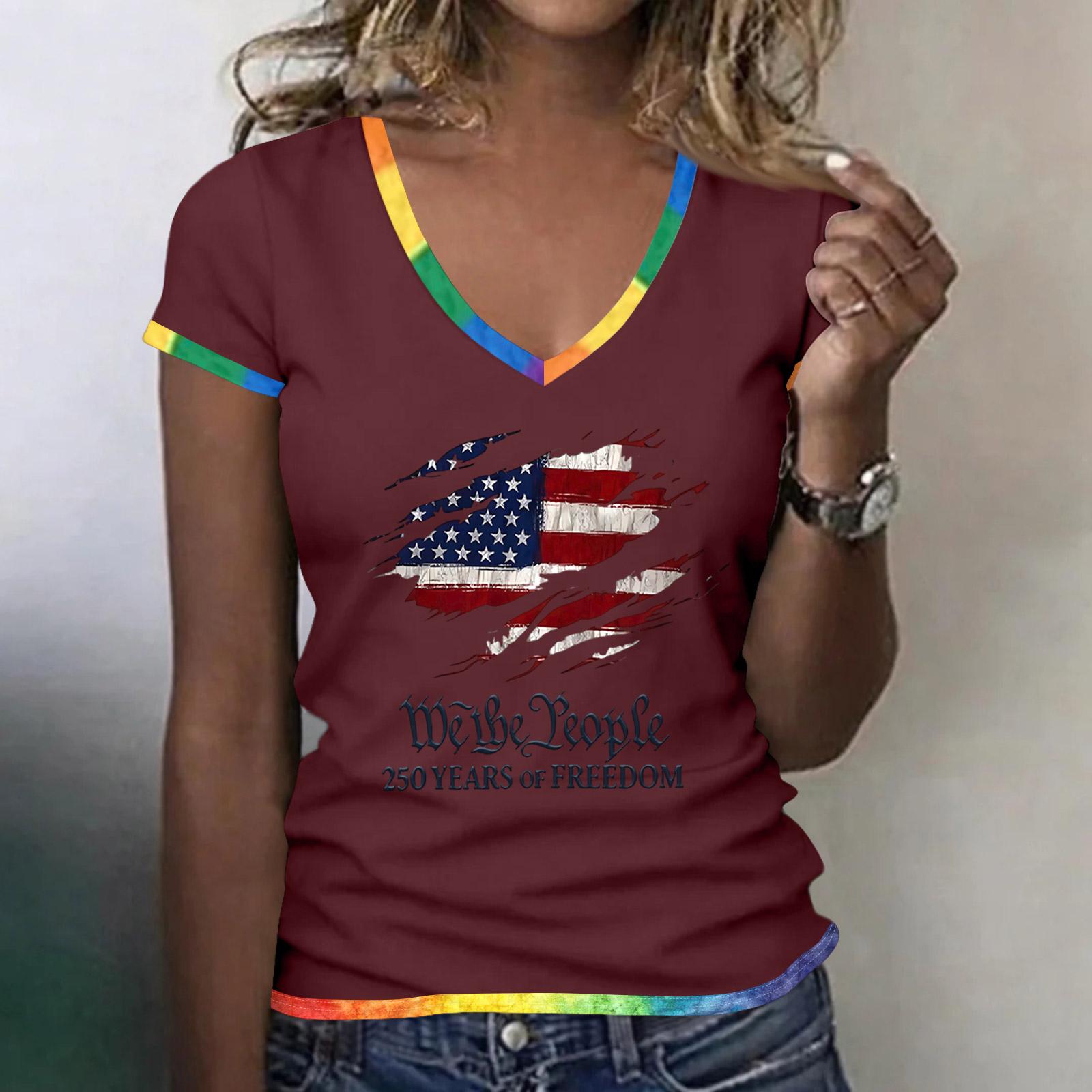 

Women Casual Short Sleeve V Neck T Shirt 250th Independence Day Graphic Print Relaxed Fit Lightweight Top for Everyday Wear S винный
