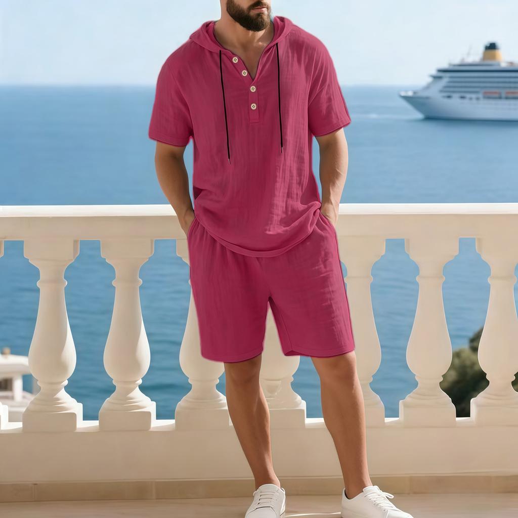 Set Casual Due Pezzi da Uomo a Manica Corta con Cappuccio e Pantaloncini a Colore Solido