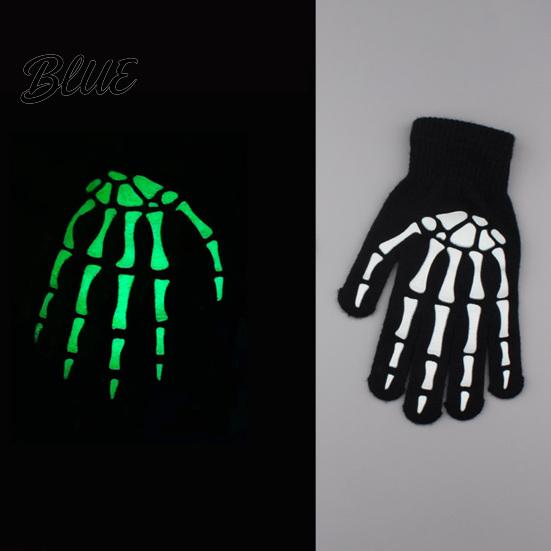 Stylish Scary Costume Accessories Halloween Glow‑In‑The‑Dark Skeleton Knit Gloves Luminous Skull Bone Print Flexible Finger Movement