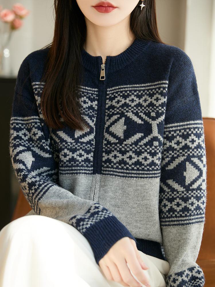 Autumn/Winter Fair Isle Color Block Jacquard Velvet Cardigan Sweater with Double Zipper