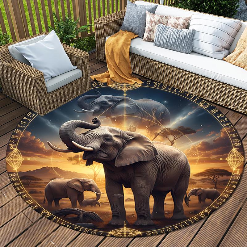 Elephant Lion Round Area Rug,Carpet Rug for Living Room Bedroom Sofa Playroom Decor,Non-slip Floor Mat
