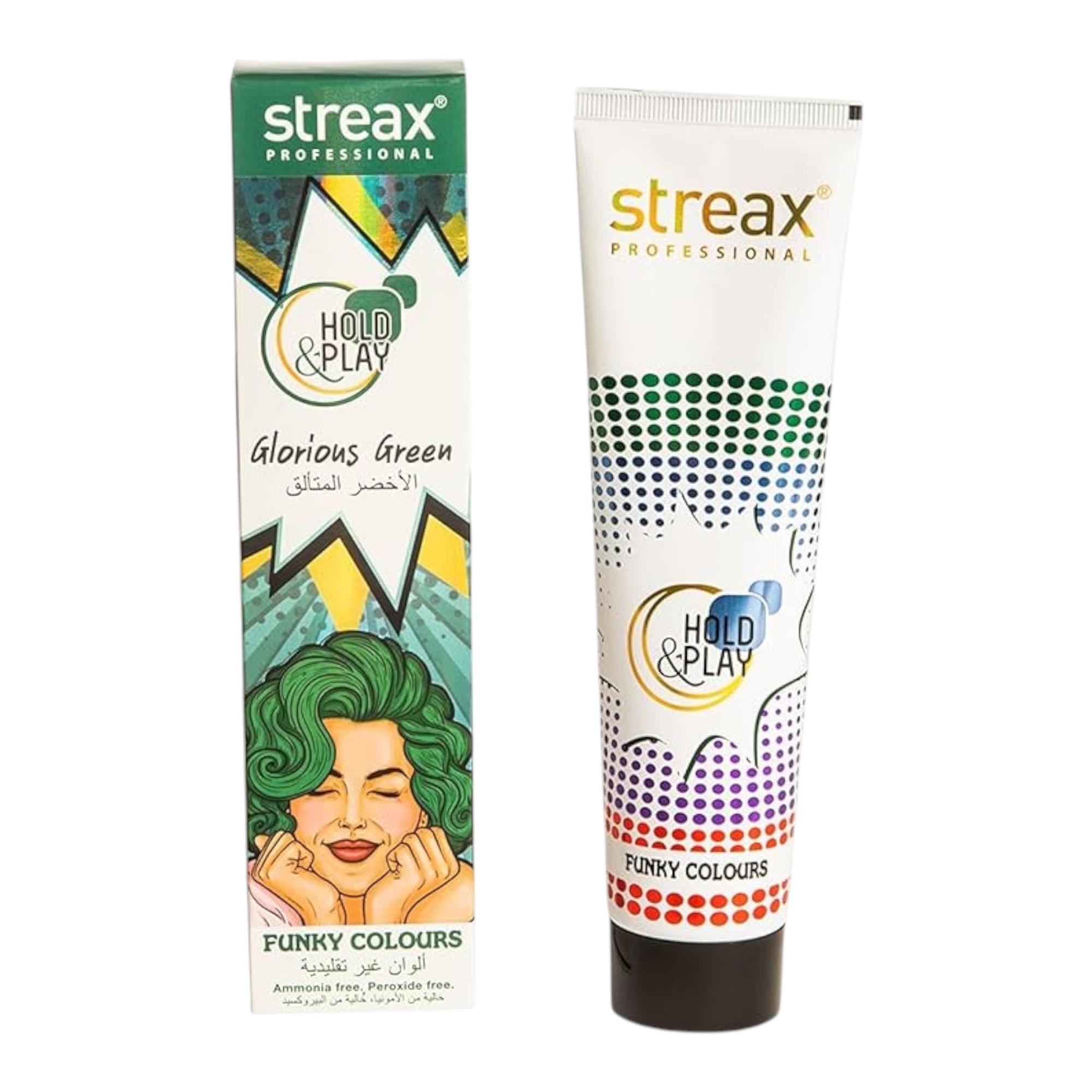 

Streax Professional Hold & Play Glorious Green Полуперманентная краска для волос, Яркий безаммиачный краситель, Упаковка 100 г для модных салонных образов