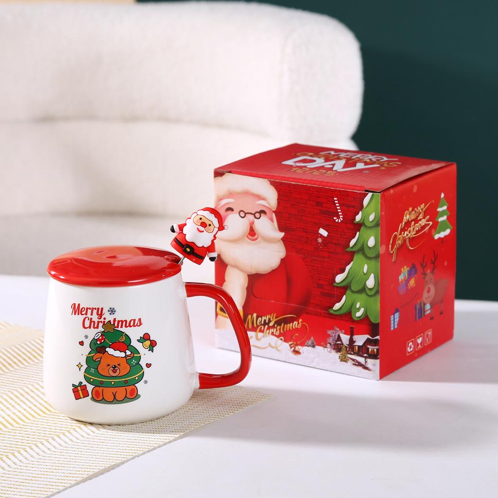 Christmas Mug Gift Box with Lid and Spoon Set Ceramic Cartoon Santa Claus Pattern Coffee Cup Children Gifts Office Home Supplies