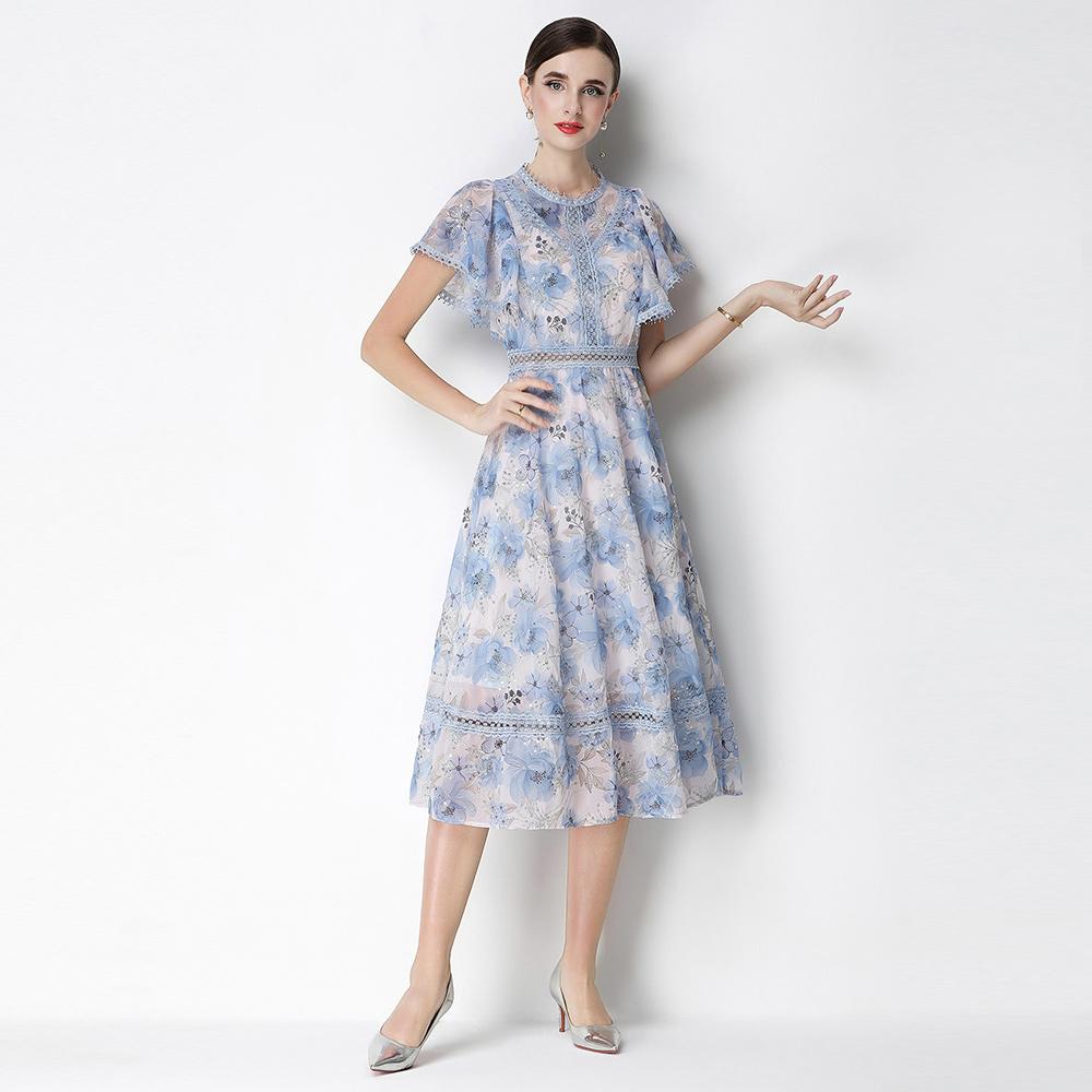 Vintage High-End O-Neck Short Sleeve Ruffle Lace Hollow Out Dress for Women's Summer Slim Elegant Long Dress Female Clothing