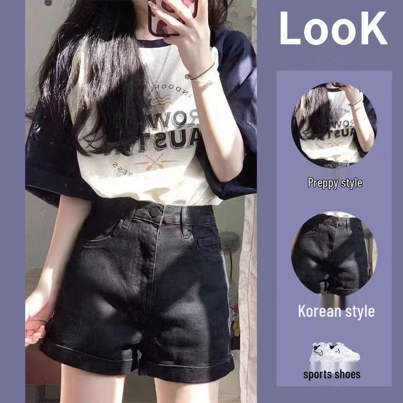 

Petite Girls Short-Sleeved College Style T-Shirt & Summer Denim Shorts Two-Piece Set - Cool or Sweet Internet Celebrity Look 2XL (suggested for 125-135 lbs, Apricot T-shirt)