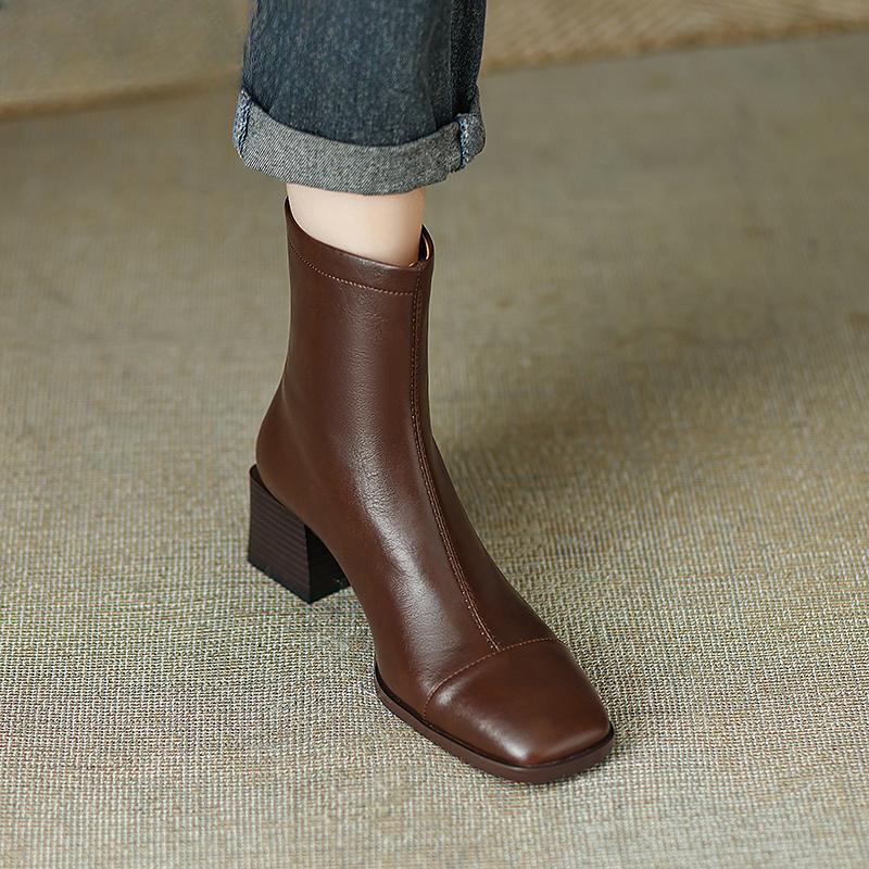 Retro Style Women Short Boots Fashion Back Zippers Ankle Booties Square High Heels Autumn Winter Shoes