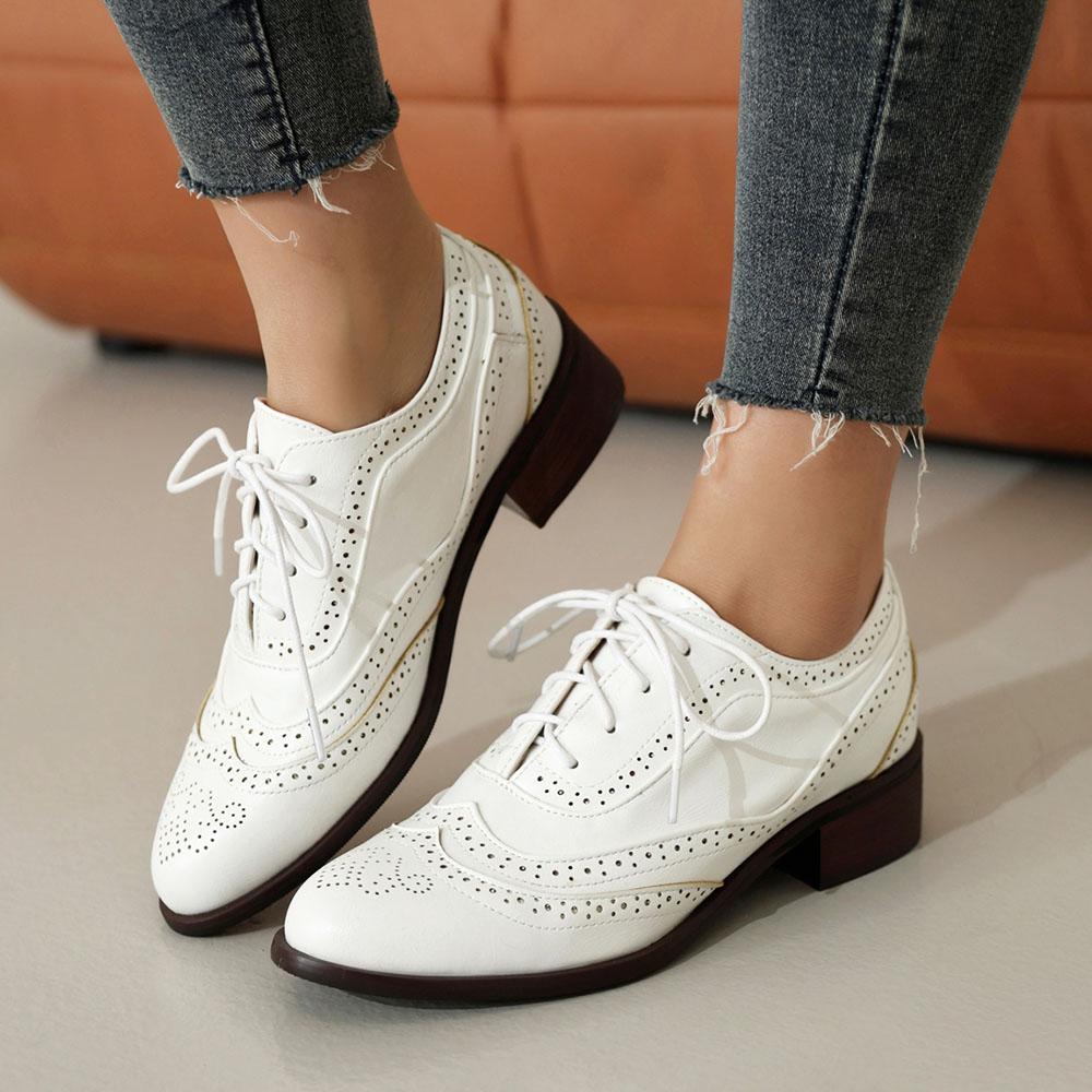 Plus Size 48 Women's Contrast Color Pumps Lace Up Hollow Out Dressy Chunky Heels Round Toe Comfort Daily Footwear