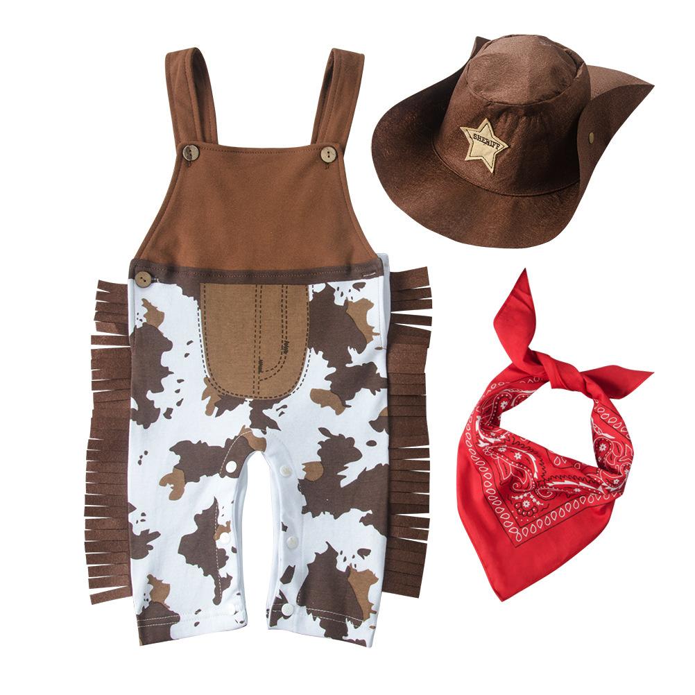 For Baby Boys Western Cowboy Romper Sets with Scarf and Hat Toddler Carnival Fancy Dress Cosplay Party Costume Infant Outfit