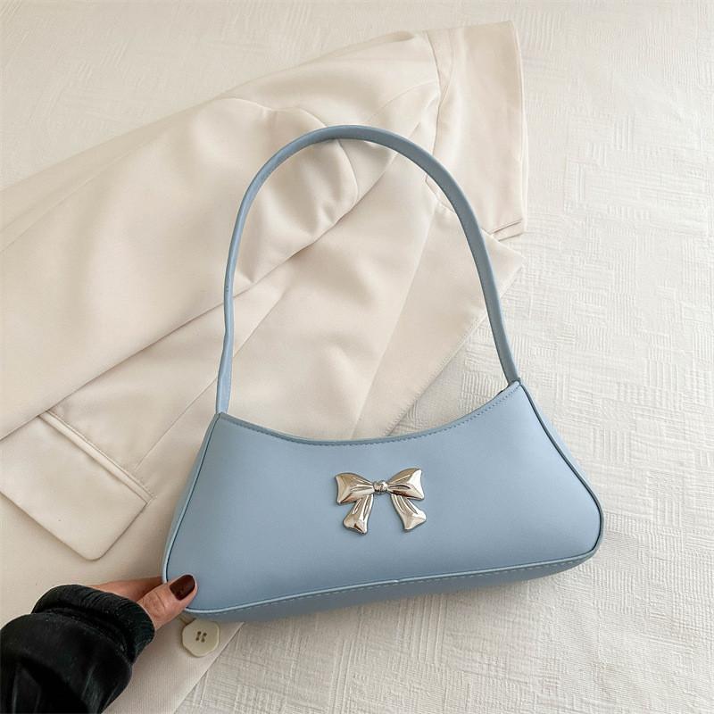 Chic Bowknot Korean Style Soft Leather Baguette Bag For Summer 2024 In Trendy Colors