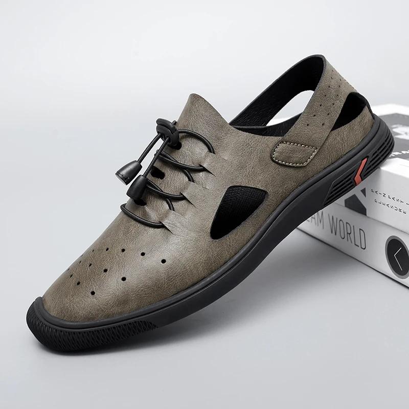 Fashion Italian Men Designer Hollow Out Sandals Casual Leather Beach Shoes Flats Leisure Party Footwear Men Comfy Summer Outdoor Sandals