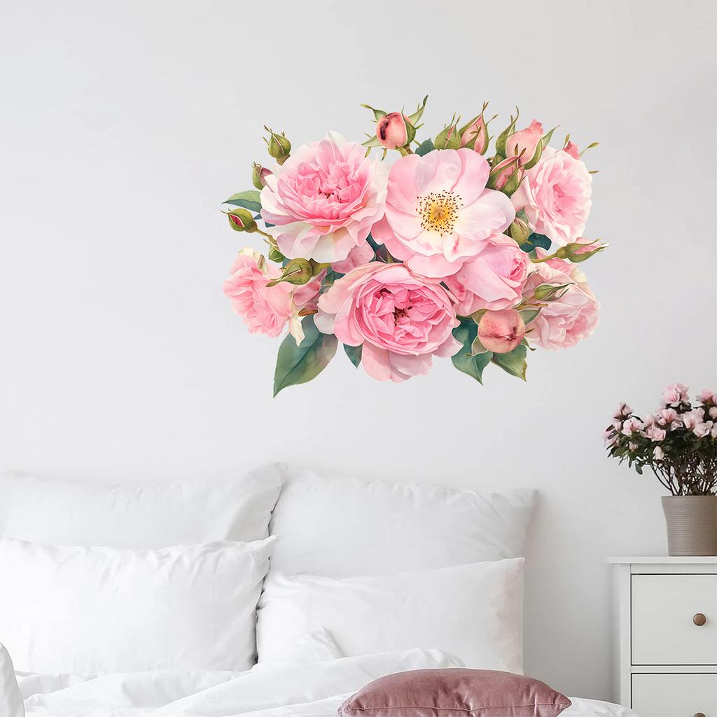 Creative Painting Pink Flower Wall Stickers Self Adhesive Decals for Living Room Bedroom Hallway Home Decor
