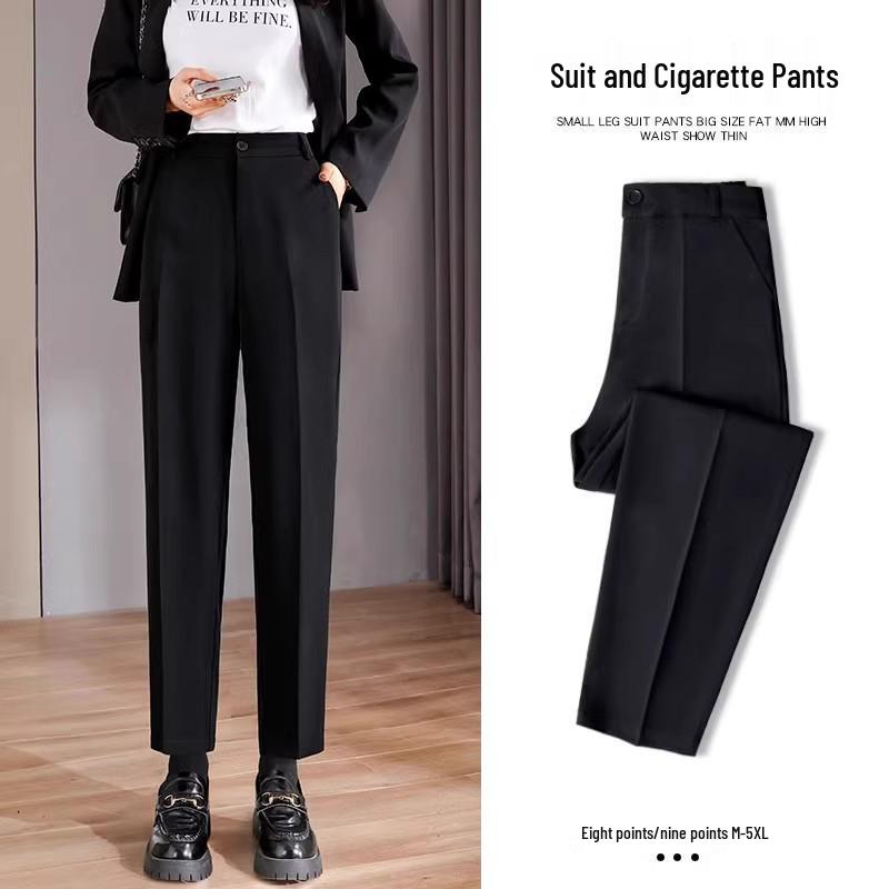 Women's High-Waist Black Cigarette Pants - Slimming, Plus Size, Cropped, Straight Fit for Spring/Autumn