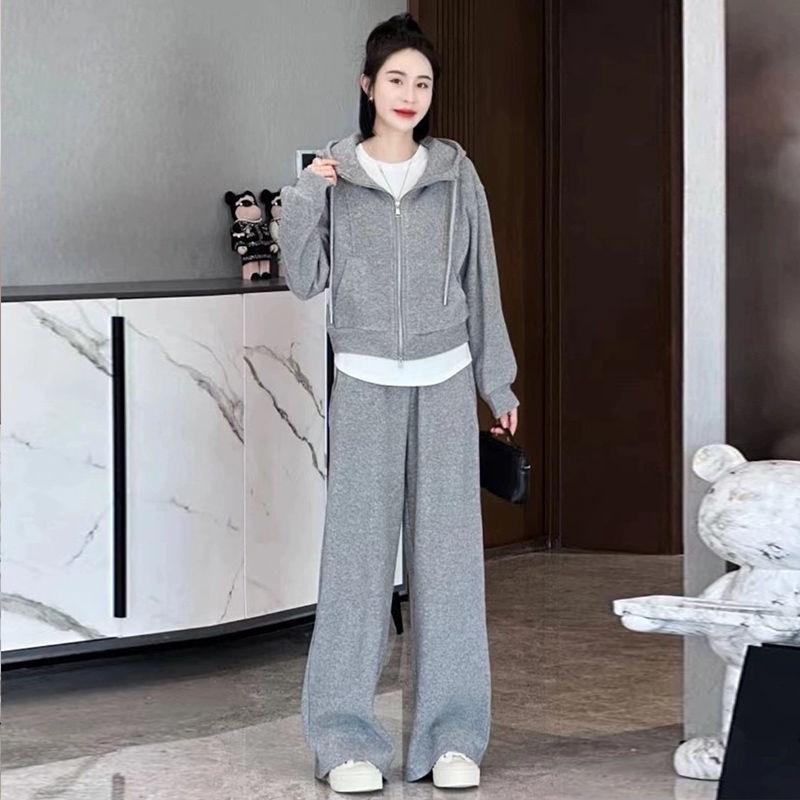 

Женский спортивный костюм с флисовой подкладкой для инфлюенсеров: Худи и брюки широкого кроя для осени/зимы, для повседневной носки и бега. XL