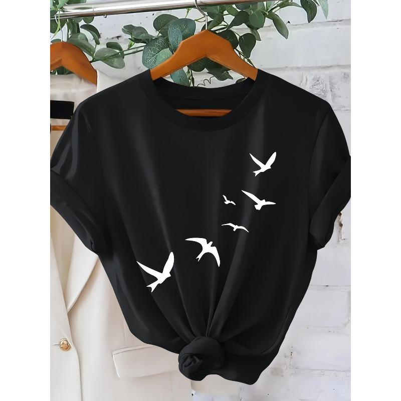 European Size Women'S Modern Style Short-Sleeved T-Shirt with Soaring Swallows Pattern | Casual, Cute, Fashionable