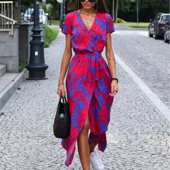 Summer  Ladies Pullover Floral Print Sleeveless  Long Dress Women's Fashion Sexy High Slit Deep V Neck Tight Waist Dresses