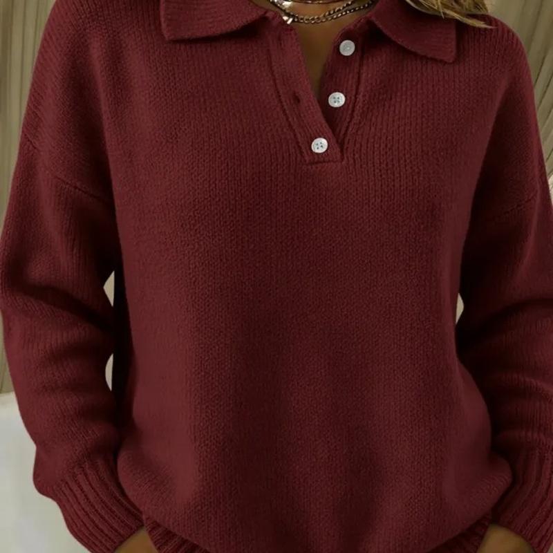 Women's Polo Collar Ribbed Long Sleeve Sweater Top Loose Fit Casual Pullover