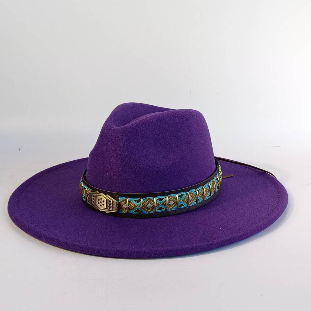 Felt Hat with Vintage Leather Belt, Fashionable European and American Jazz, Classic Church Style, Wide Brim, 9.5cm