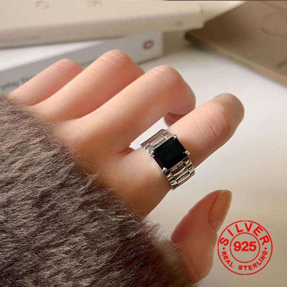 

BFCLUB Silver Color Simple Black Punk Rings For Women Geometric Fashion Open Adjustable Handmade Party Jewelry Gift Allergy