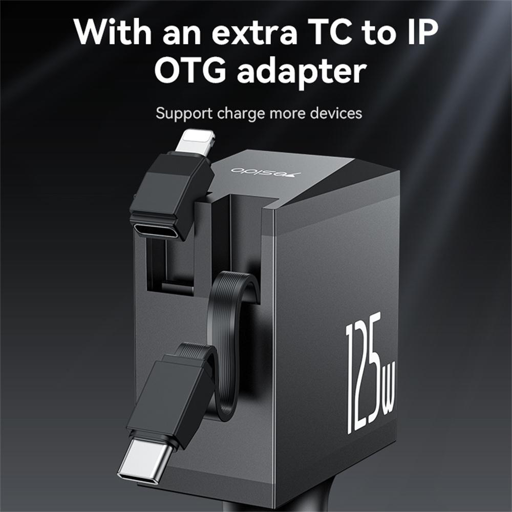 YESIDO Y71 125W Fast Charging USB A + Type C Car Charger with Retractable Cable and iP Adapter