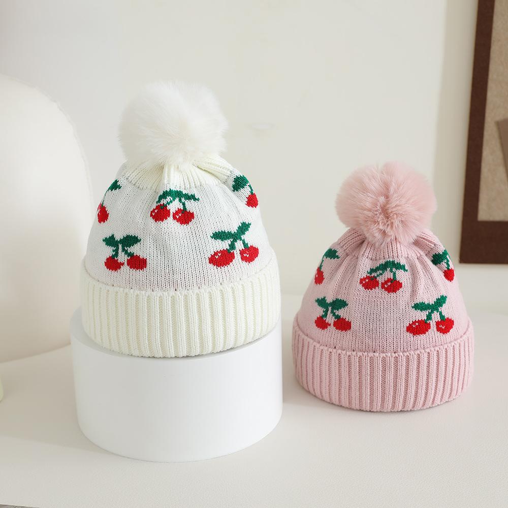 Knitted Hat With Pompom Winter Hats For Children'S Beanie Boys And Girls Kids Cute Cherry Warm Casual New