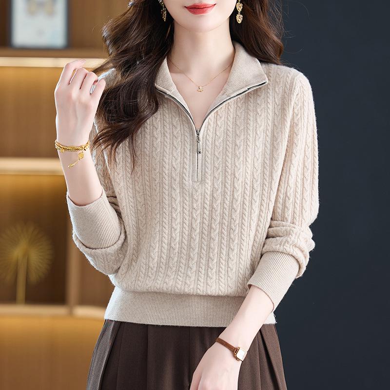 Women's Pure Wool Half-Zip Sweater - Stand Collar, Autumn/Winter Thick Knit for Middle-Aged Women, Petite Base Layer