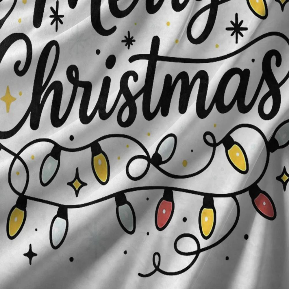 Handwritten Merry Christmas Fleece Blanket, Colorful Bulb and Star Pattern, Cozy White Throw for Holiday Couch Decor