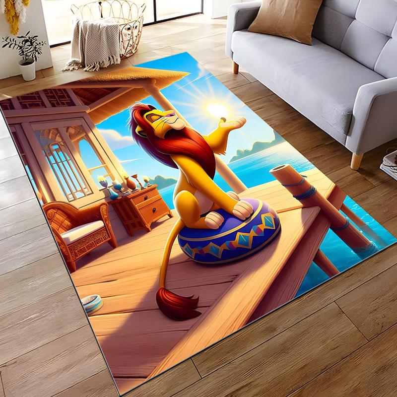 Long Rug Adult Simba Lion Sitting on Cushion by Ocean Pier Tropical Safari Art Decor