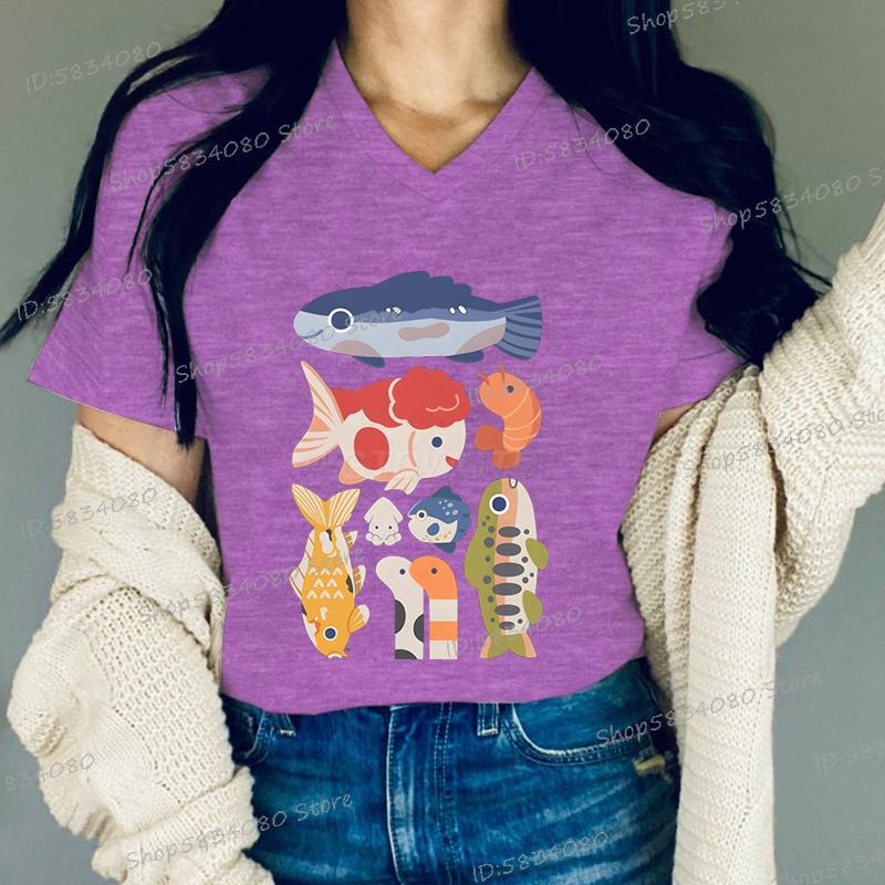 Funny Fish Tshirt for Unisex Women Fashion Summer Tops Fish Print Women Fashion Casual Tops Vneck Cotton Short Sleeve Tee