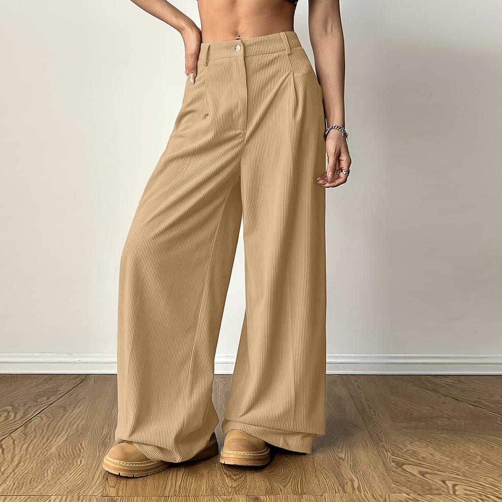 Women's Casual Fashion Color Elastic Waistband Pocket Wide-Leg Straight-Leg Pants