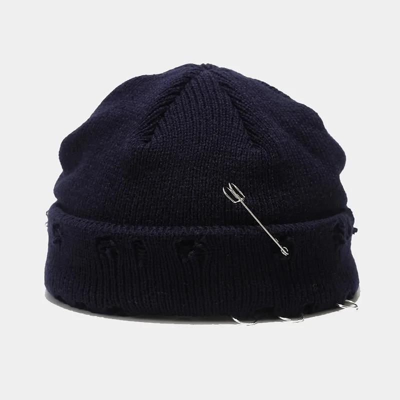 New Winter Harajuku Beanies Knitted Hat Women Fashion Warm Thick Men Hip Hop Pin Hole Skullcap Short Hat Unisex Basic Cap