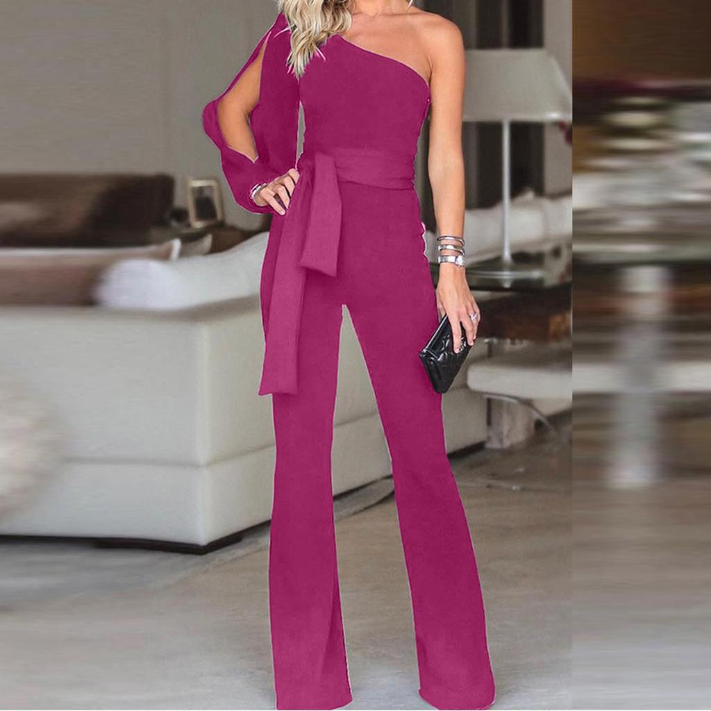Women's One Shoulder High Waist Tie Solid  Long Sleeve Slim Sexy Jumpsuit