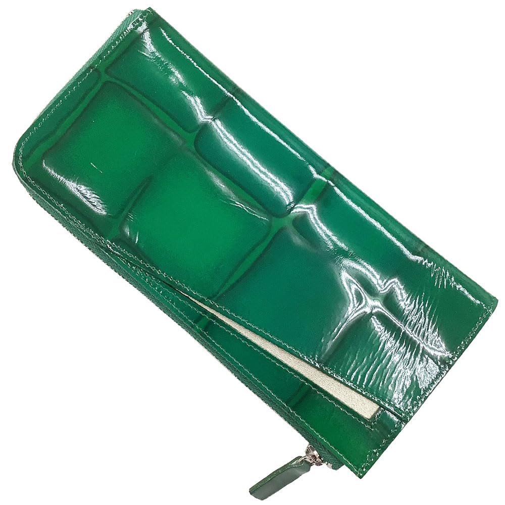 

HARUBE Kyoto Naniwaya Cowhide Leather Thin L-Zip Long Wallet, Yuzen Dye, Enamel, Women s, #K1-404 [Cube Enamel] (Green)