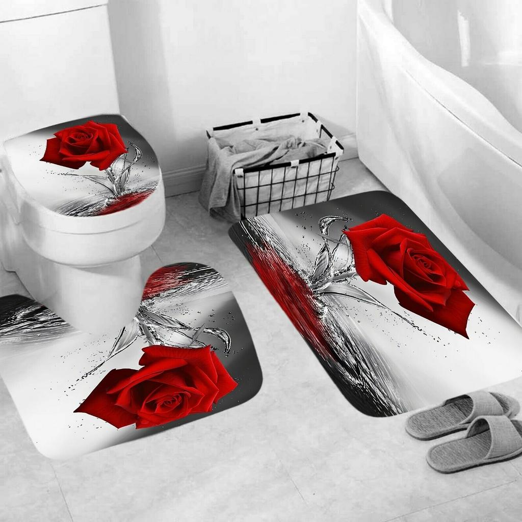 3D Rose Flower Shower Curtain Set Non-Slip Rugs Bath Mat Toilet Lid Cover and 12 Hooks Waterproof Polyester Bathroom Decor