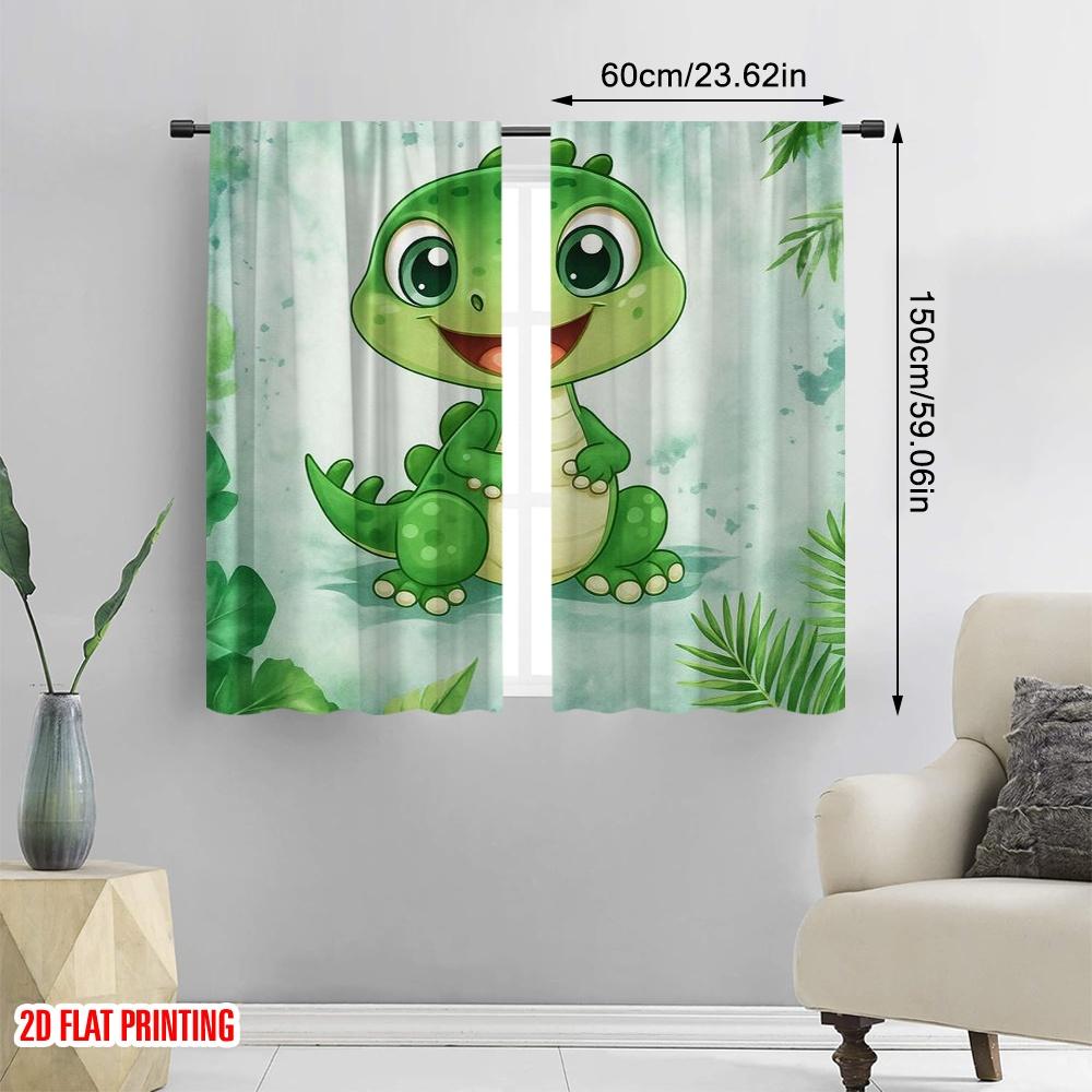 2pcs,2D Plane Printing Popular Curtains Dino Smile Polyester Easy Install (without Rod) Festive for Kitchen, Bedroom & Living