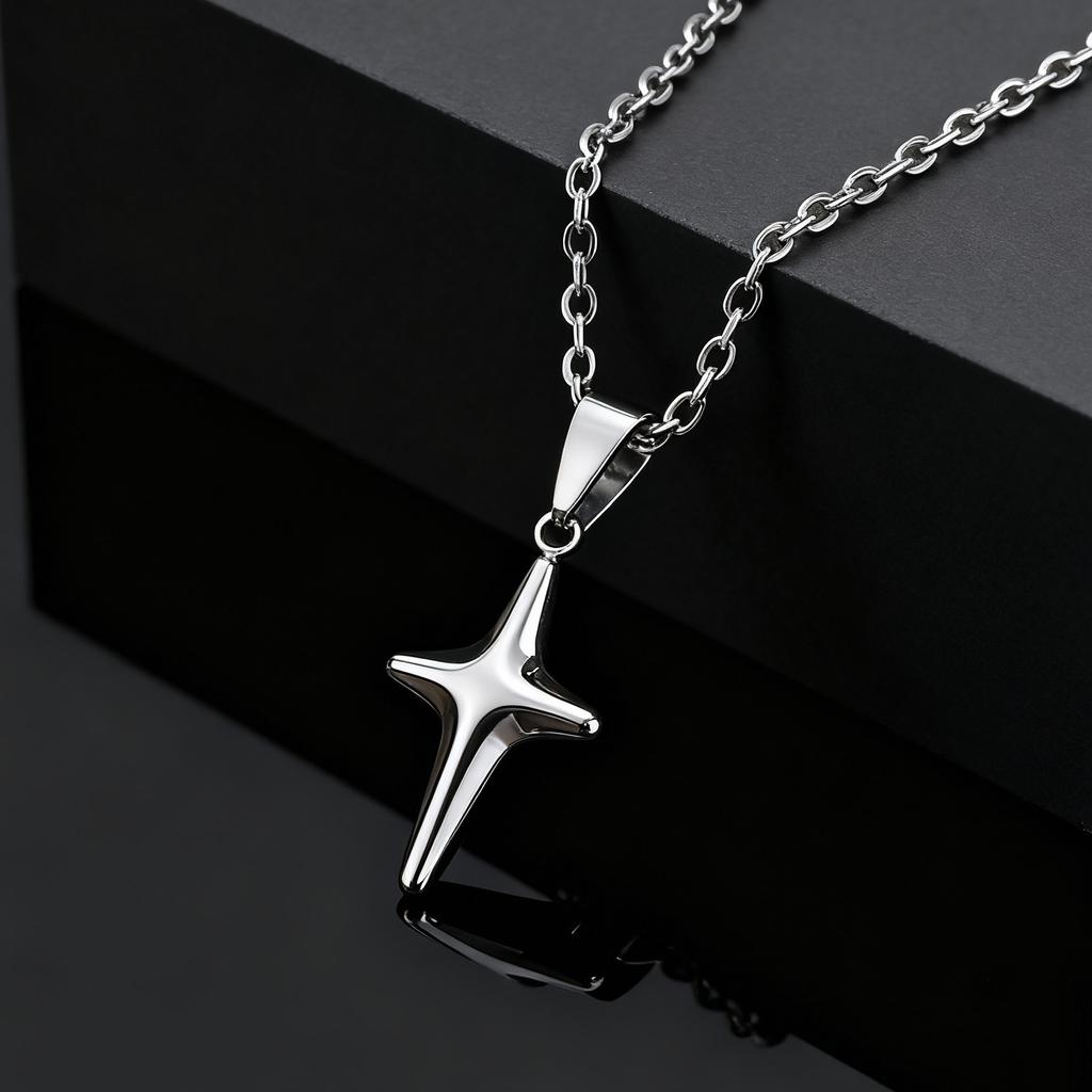 Simple Trendy Star Pendant Necklace, Silver Color Stainless Steel Choker for Men Fashion Party Punk Jewelry Accessories