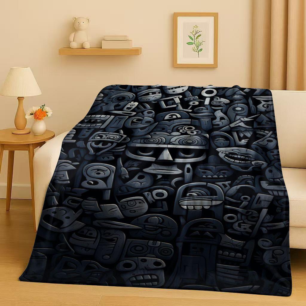Retro Aztec Totem Maya Mask Sun God Flannel Blanket,Ultra Soft Warm Plush Throw for Home Bedroom Bed Sofa Cover Office Gift Kids
