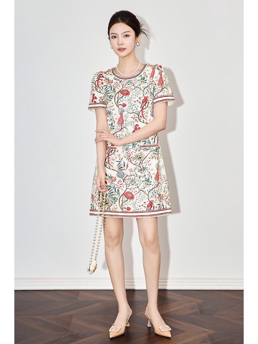 

High-Quality Women s Spring Dress with Print, Button Embellishments, and Waist-Gathering Design S цветочный