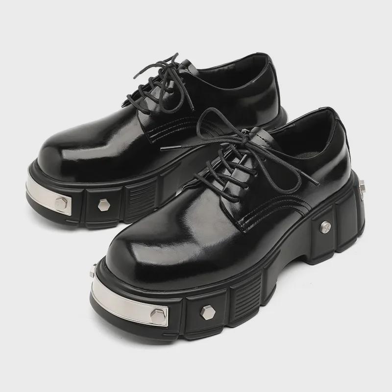 Men's High-End Matte Black Punk Derby Leather Shoes with Thick Soles and Round Toes