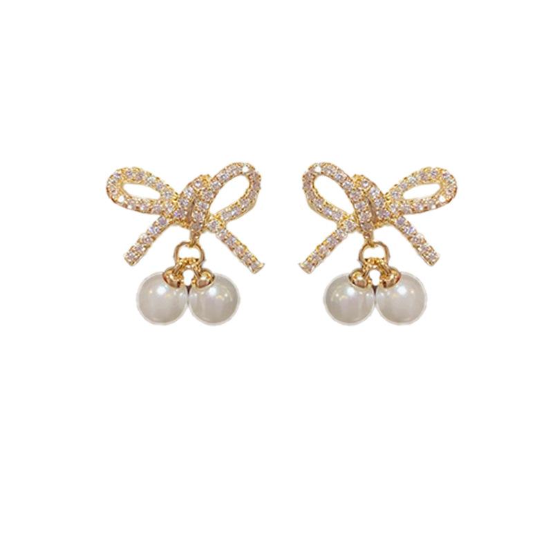 Sweet Bow Knot Pearl Drop Earrings Luxury Niche Design Fashion Jewelry For Women