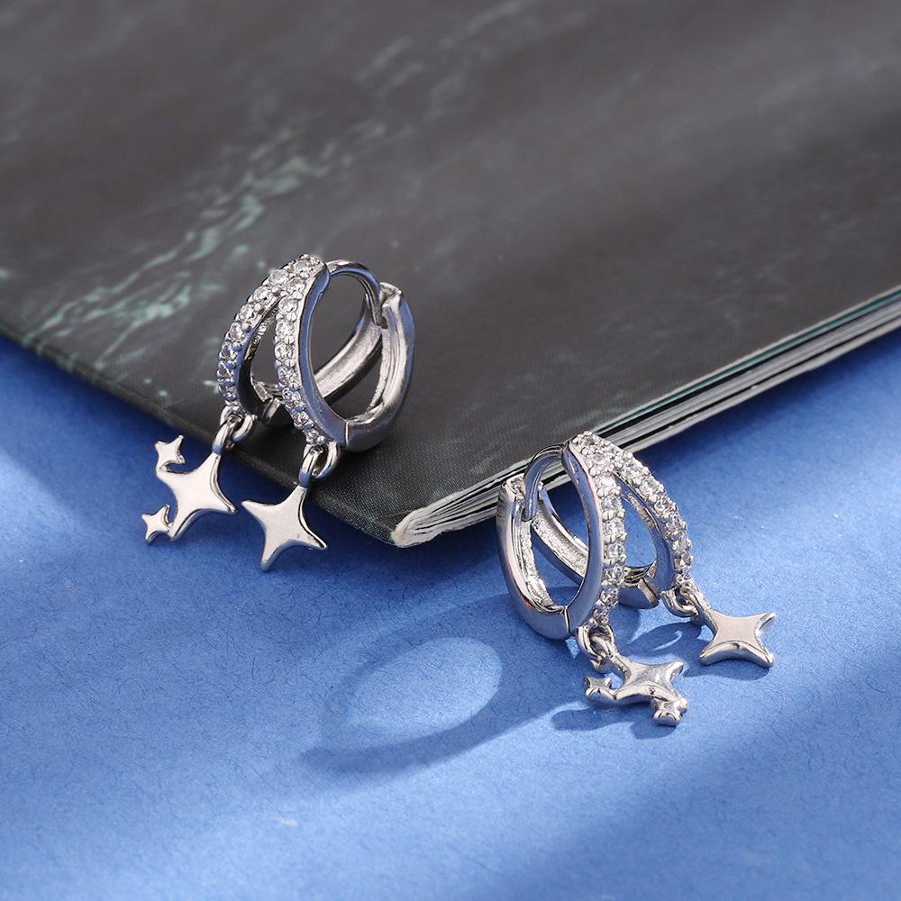 Doppelte Zirkon Stern Ohr Schnalle Trendy Pendler Ohrringe Wind Asymmetrische Tetragonal Stern Fransen Ohrringe