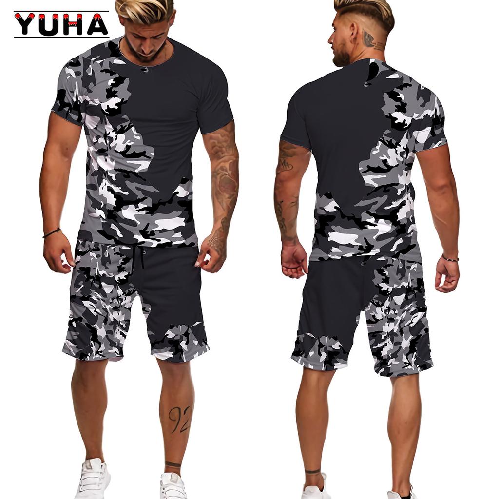 YUHA 2022 Summer Camouflage Tees/Shorts/Suits Men's T Shirt Shorts Tracksuit Sport Style Outdoor Camping Hunting Casual Mens Clo