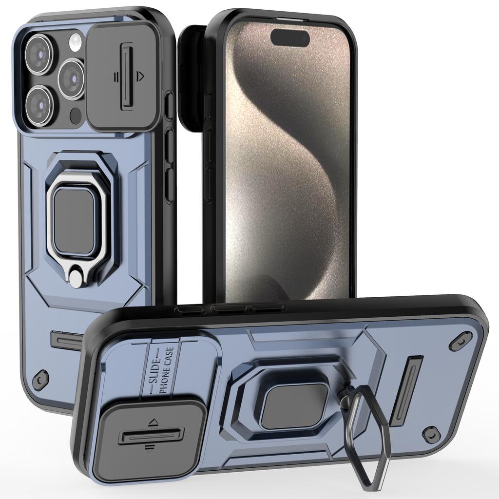 For iPhone 16 Pro Case Ring Kickstand Slide Lens Protection PC+TPU Phone Cover
